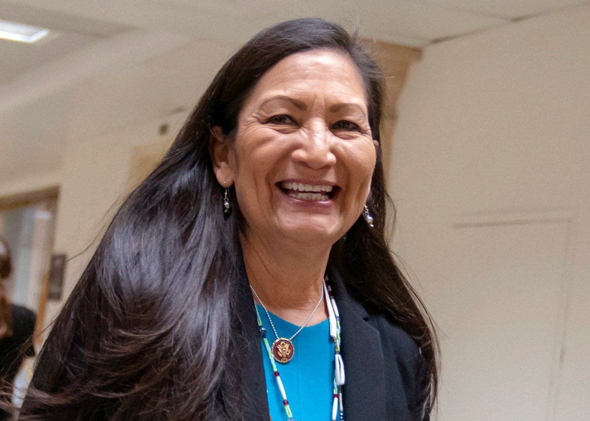 FILE - This April 3, 2019, file photo shows Rep. Deb Haaland, D-Albuquerque, one of the first Native American woman elected to Congress, on Capitol Hill in Washington.