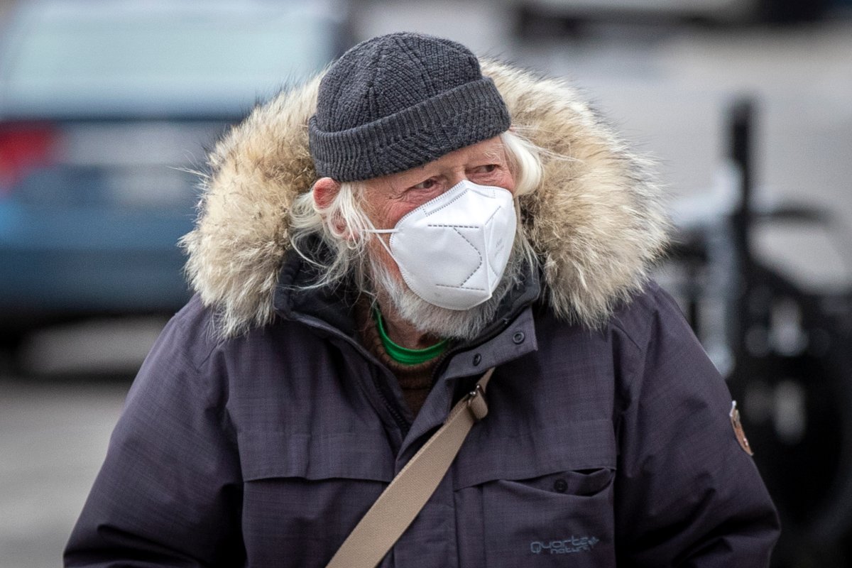 A person wears a N95 mask in Kingston, Ontario on Wednesday, December 16, 2020, as the COVID-19 pandemic continues across Canada and around the world. 