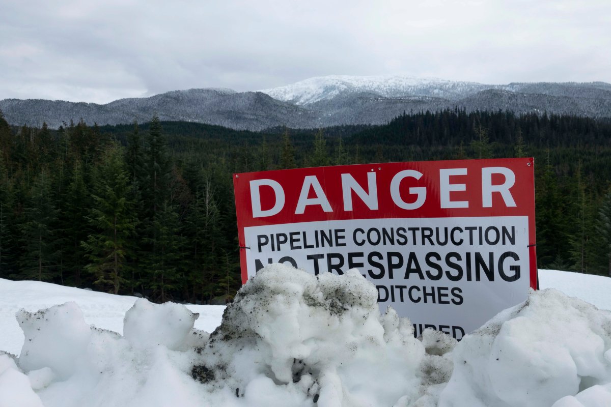 A danger sign is seen on the construction route of the Coastal GasLink pipeline, near Kitimat, BC, part of the LNG Canada natural gas project, February 23, 2020. 