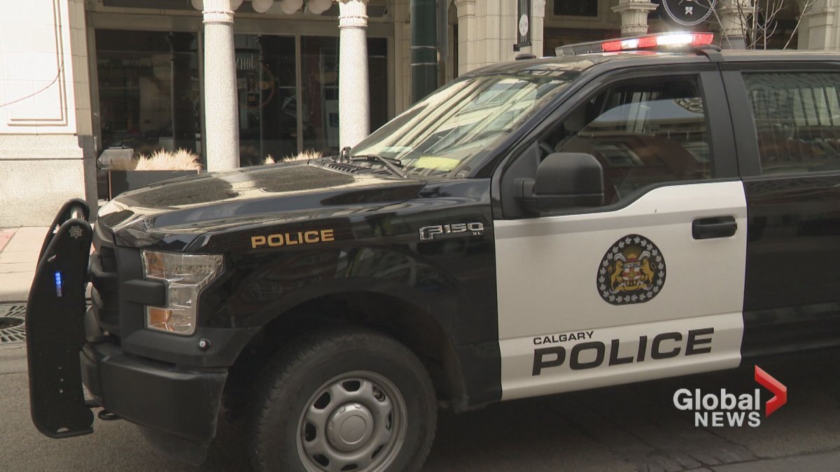 A Calgary police vehicle on a downtown street. 