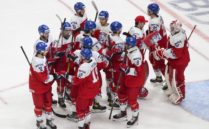 Czech Republic celebrate the win over Austria during IIHF World Junior Hockey Championship action in Edmonton on Thursday, December 31, 2020. 