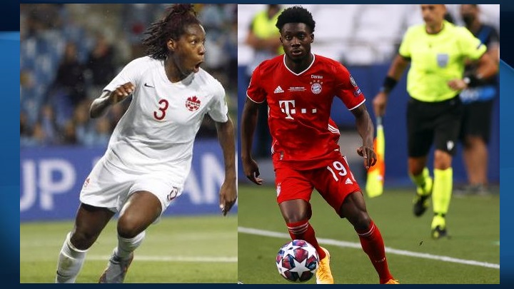 Canadians Alphonso Davies (right), in a historic first, and Kadeisha Buchanan (left) have both made FIFPRO's list of the top 55 soccer players in the world.