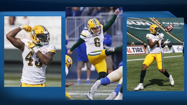 The Edmonton Football Team said Thursday it had extended contracts for linebacker Vontae Diggs (left), kicker Sean Whyte (centre) and wide receiver Tevaun Smith (right).