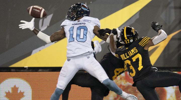 Toronto Argonauts wide receiver Armanti Edwards (10) fails to make the catch during second half CFL football action against the Hamilton Tiger-Cats, in Hamilton, Ont., Saturday, Nov. 2, 2019. 