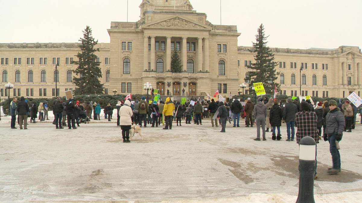 The rally involved a convoy from Saskatoon and a march on foot down Albert Street.
