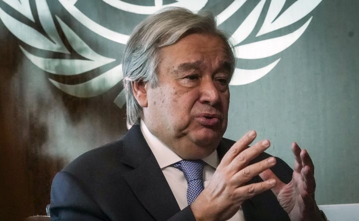 United Nations Secretary-General António Guterres speaks during an interview, Wednesday Oct. 21, 2020, at U.N. headquarters. 