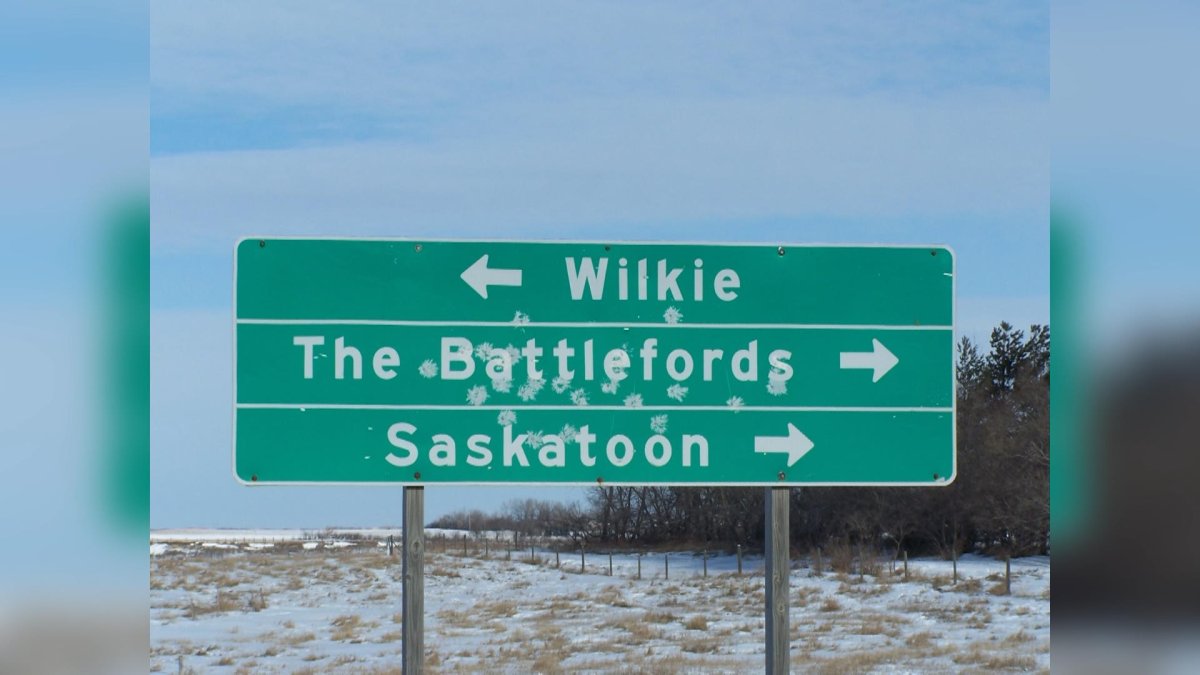 A highway sign that has been damaged in Saskatchewan.