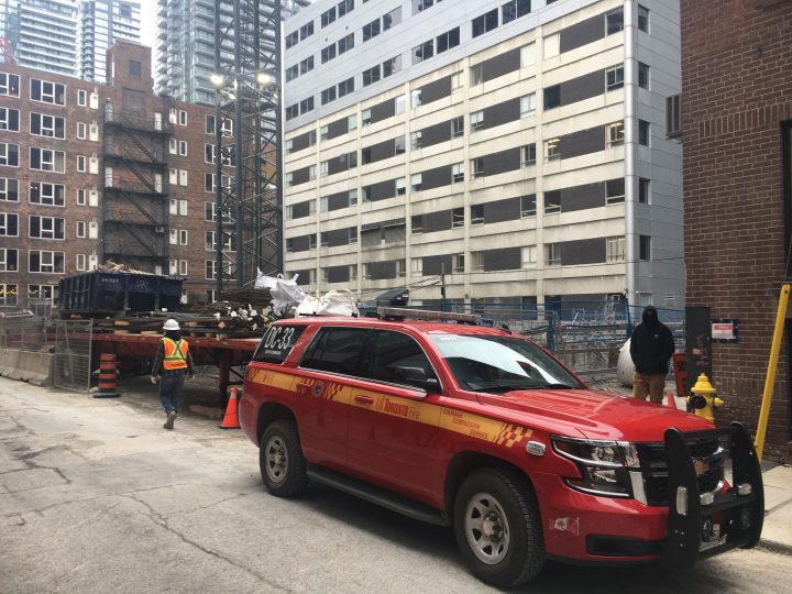 Emergency crews at the scene of a fatal industrial accident in downtown Toronto on Monday.
