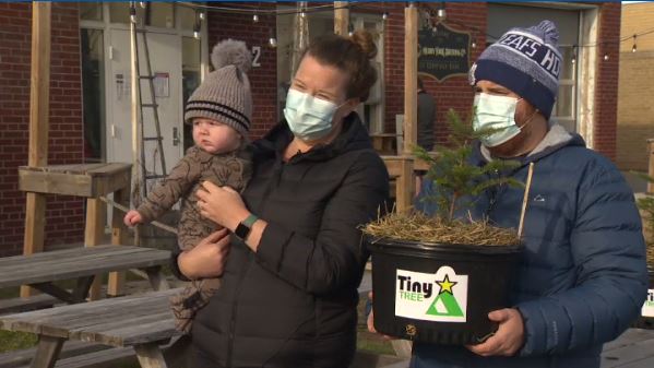 Jane Chisholm and her husband Jake, holding their tiny tree. Jane says she purchased the tree to watch it, and their infant son, Arthur grow up, together.