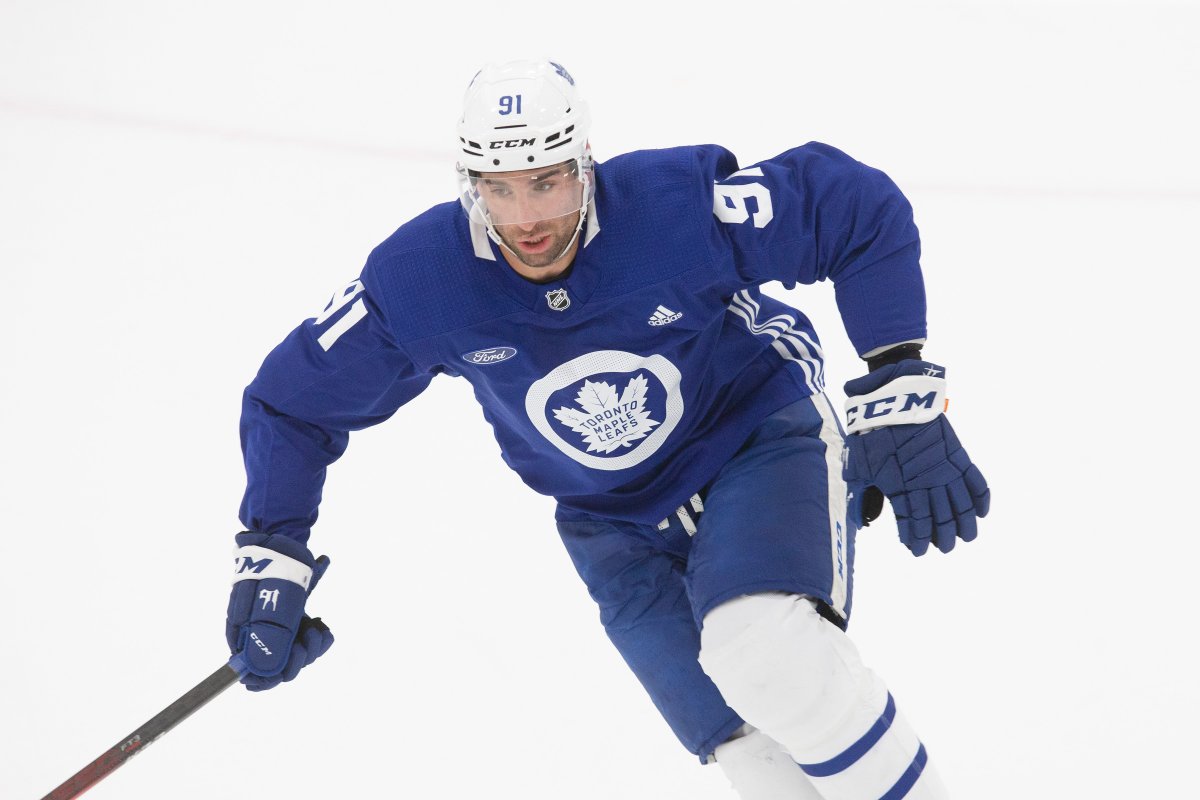 Toronto Maple Leafs' John Tavares attends  a practice session in Toronto on Saturday July 25 2020.