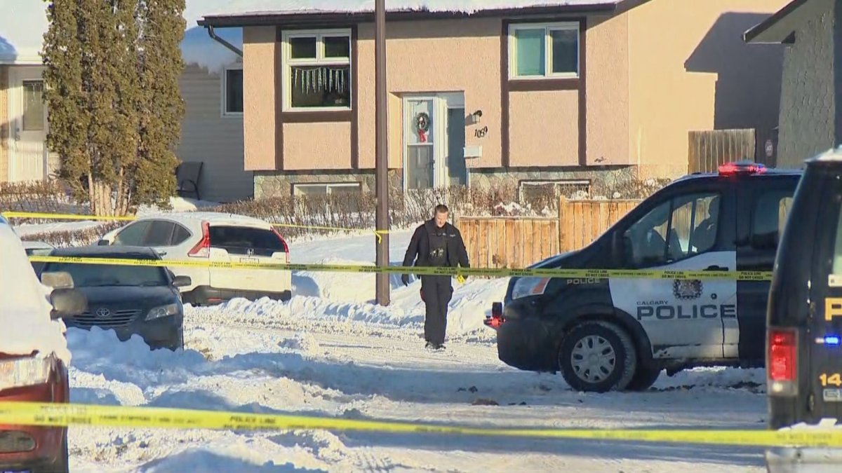 Homicide detectives investigate suspicious deaths after two bodies were found in a vehicle in Calgary's Marlborough neighbourhood Tuesday, Dec. 29, 2020.