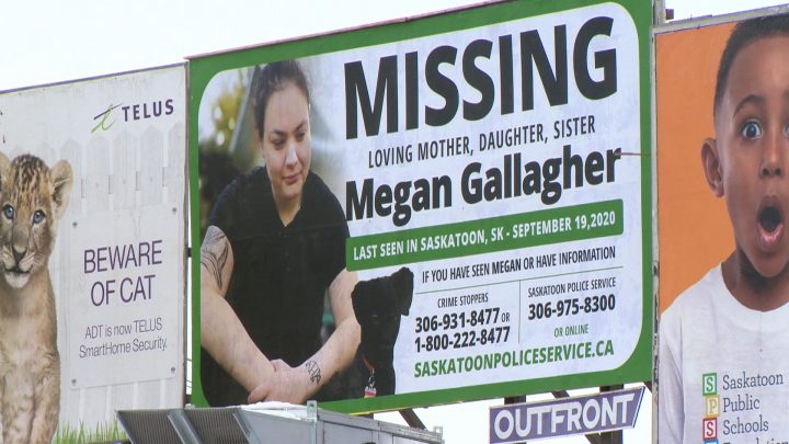 A billboard of missing Megan Gallagher seen at 20th street and Idylwyld drive in December 2020.