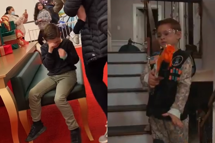 Michael DeCarlo is shown crying in front of Santa, left, and with a new Nerf gun, right.