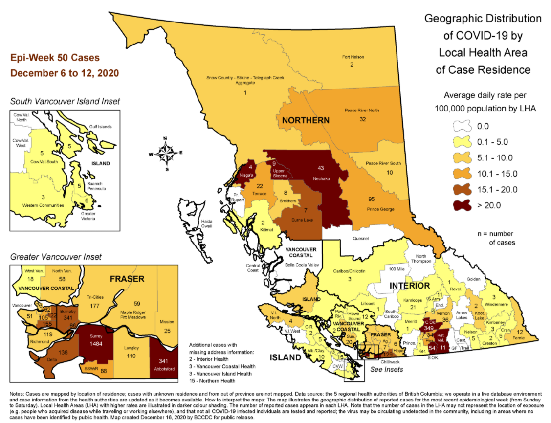 New cases of COVID-19 recorded from Dec. 6-Dec.12 in communities across B.C.