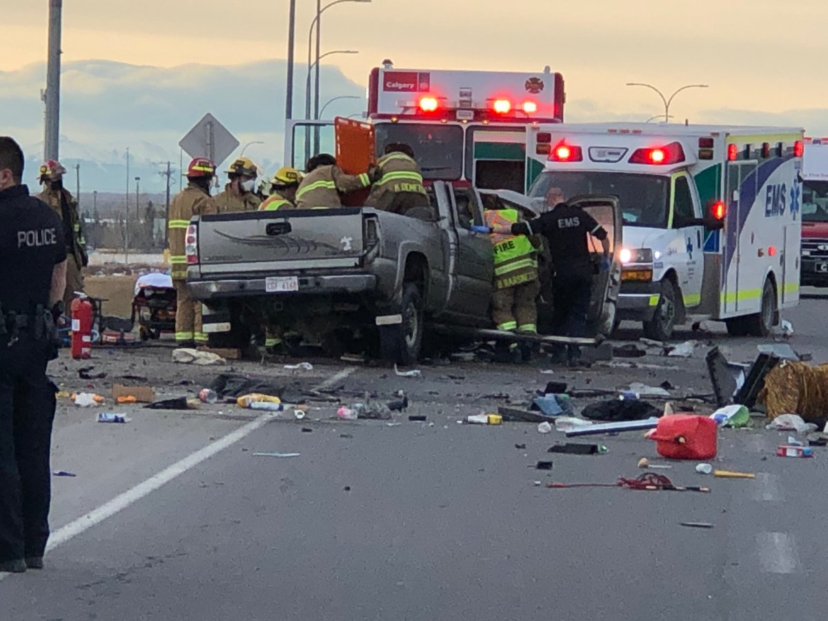 Two people were rushed to hospital from the scene of a crash between a semi and a pickup truck on Peigan Train on Wednesday, Dec. 16. 