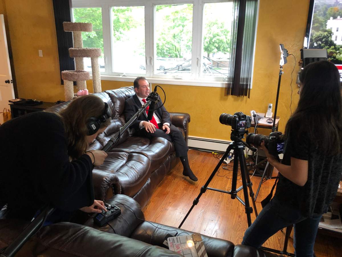 Behind the scenes during filming.