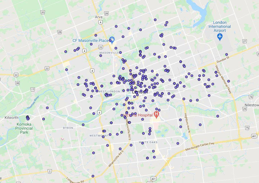 This map from police shows data on reported package thefts in London, Ont.