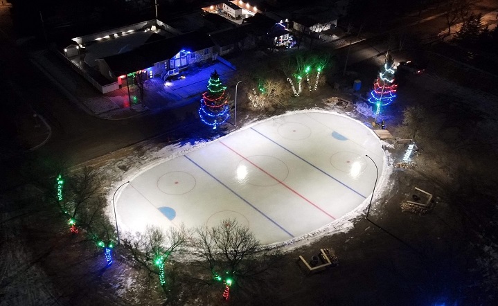 An overhead view of the outdoor rink in Kipling, Sask.