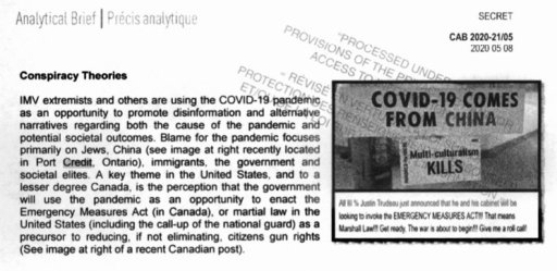 A page from the CSIS report Ideologically Motivated Violent Extremist Response to COVID-19, obtained by Global News under the Access to Information Act.