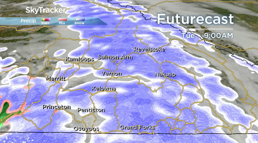 Snow returns to the Okanagan Tuesday morning.