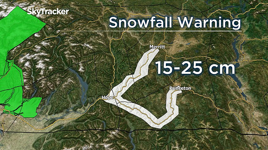 Environment Canada says an approaching Pacific weather system will blanket a large part of the Coquihalla Highway and a section of Highway 3 with 15 to 25 centimetres of snow.