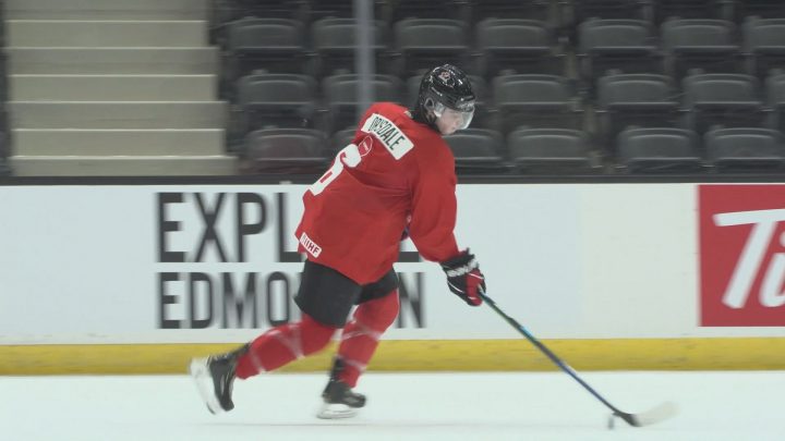 Defenceman Jamie Drysdale practices at Team Canada's World Junior Hockey Championship selection camp prior to the camp's suspension on November 23.