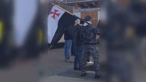 A Knights Templar flag was flown at a Kelowna anti-mask rally. The iconography is sometimes associated with white-supremacist groups. The Canadian Anti-Hate Network says medieval Christian and Templar imagery has been co-opted by white supremacist groups, but Templar images aren’t inherently associated with hate.