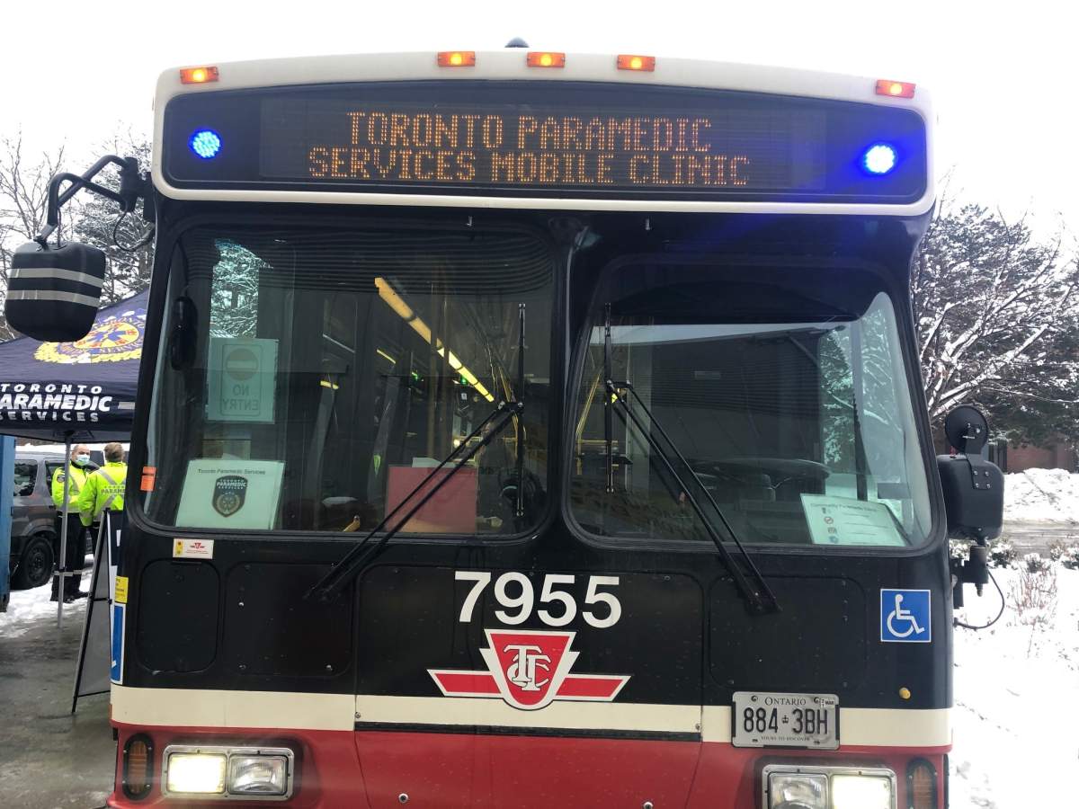 A photo of a TTC bus turned into a mobile testing site for coronavirus.