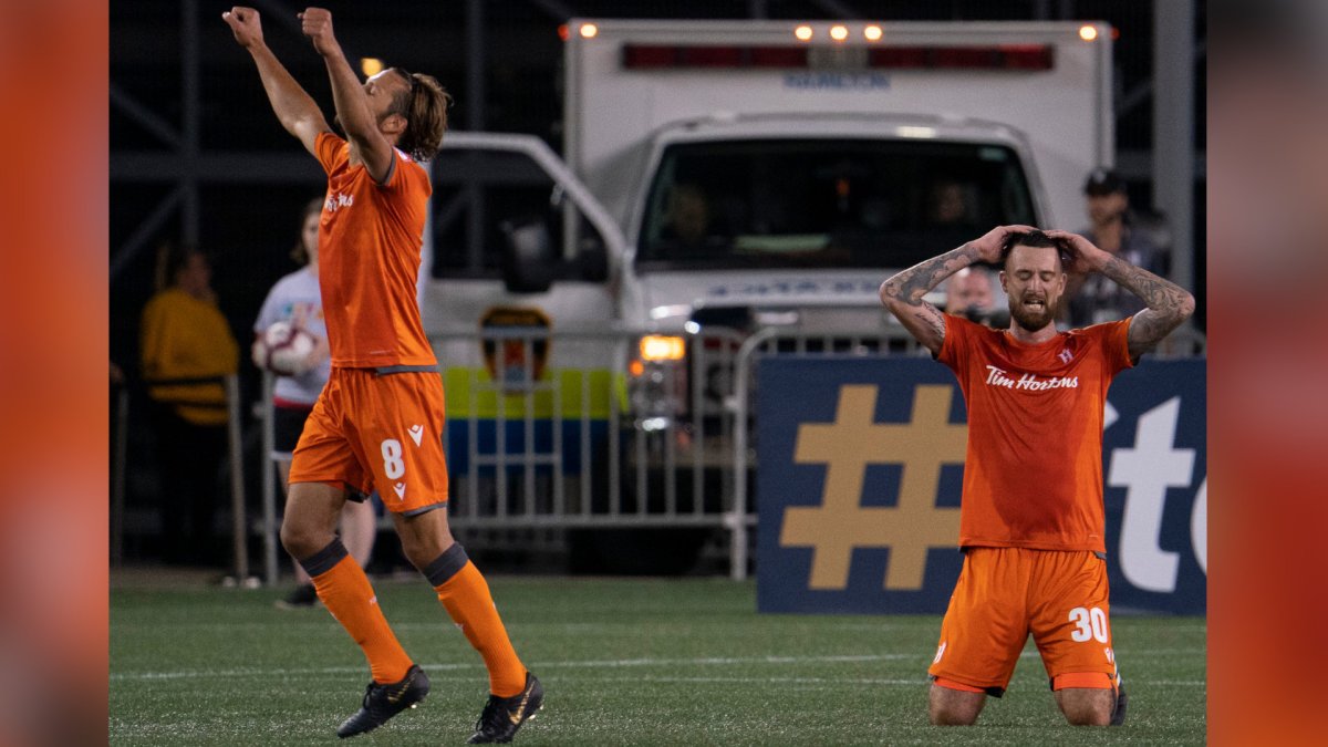 Hamilton Forge FC players Giuliano Frano (8) and David Edgar (30) celebrate their team's win over CD Olimpia's during Scotiabank CONCACAF League 2019 action in Hamilton on Thursday, August 22, 2019. THE CANADIAN PRESS/Peter Power.
