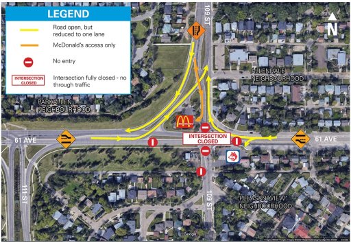 A map of the road closures and detours due to a massive sinkhole at 61 Avenue and 109 Street in south Edmonton.