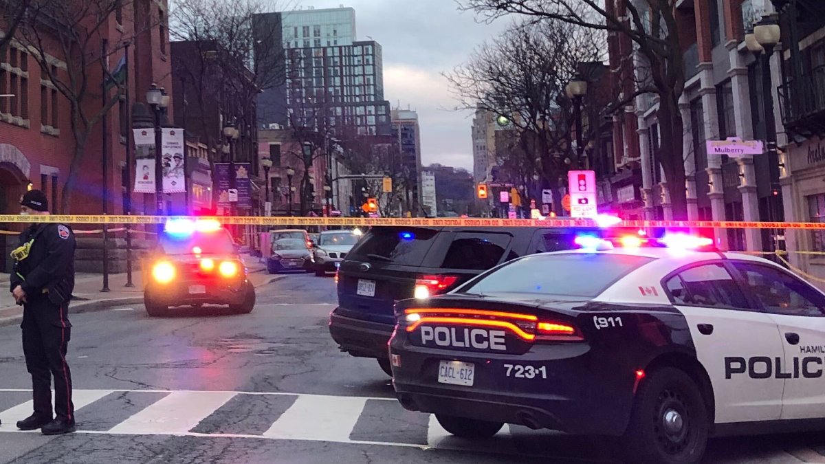 Hamilton police on location at James Street North and Cannon Street East on Dec. 22, 2020. Investigators say three police officers were stabbed during a domestic dispute call in the city's downtown.