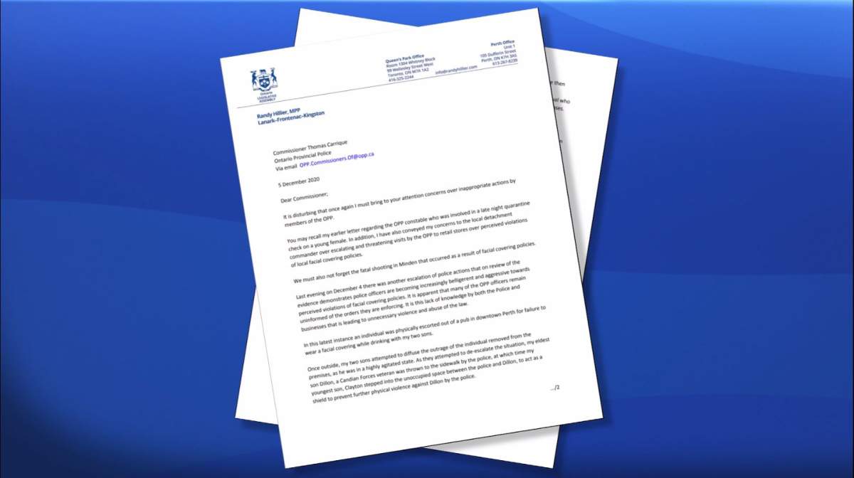 Letter by MPP Randy Hillier to the OPP Commissioner