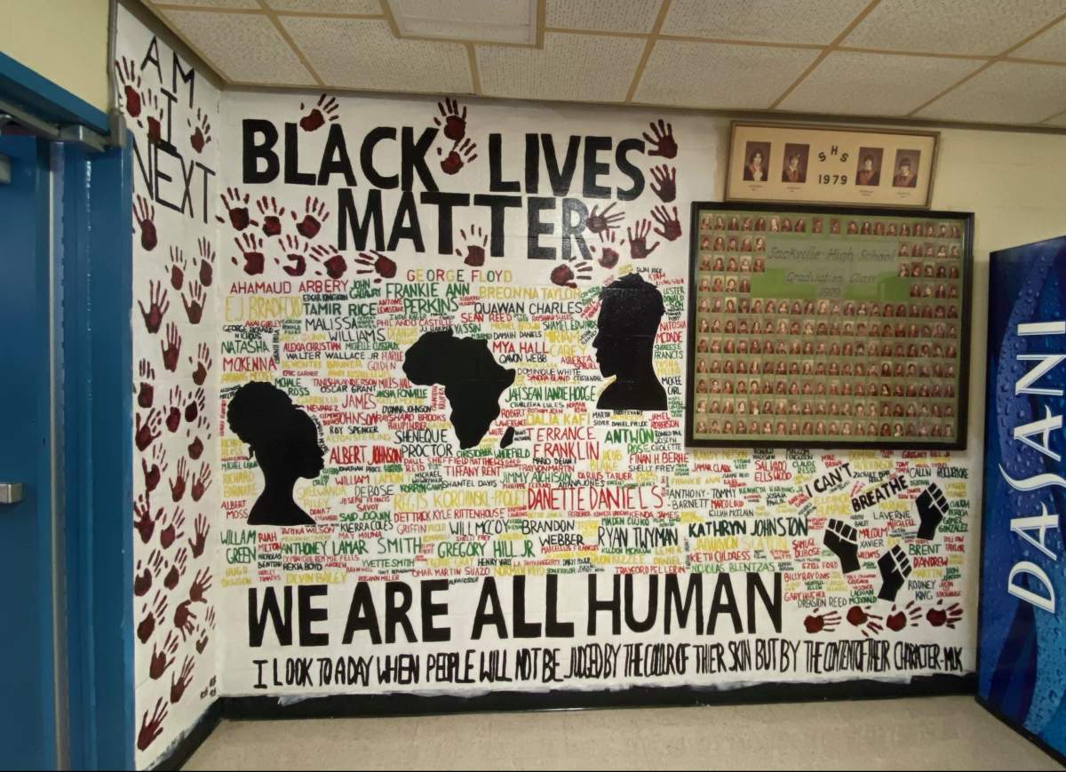 The mural at Sackville High includes names of Black Americans and Canadians that have been killed in racist incidents dating back to 1996.