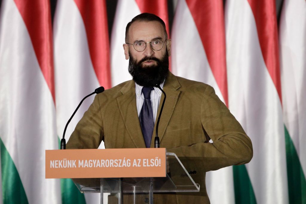 Fidesz-KDNP Member of the European Parliament Jozsef Szajer gives a speech to launch the campaign of the right-wing Fidesz ruling party ahead of the European Parliament elections on April 5, 2019 in Budapest.
