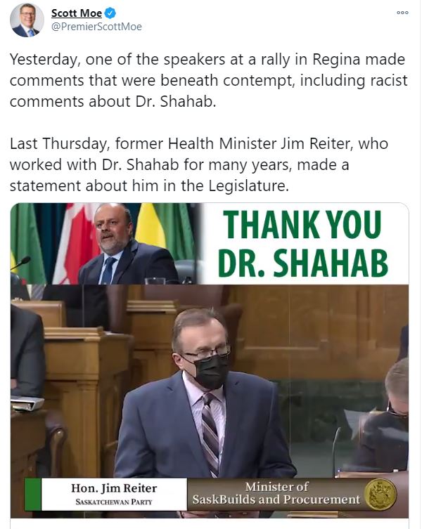 Saskatchewan Premier Scott Moe took to Twitter Sunday morning, posting that the comments "were beneath contempt.".