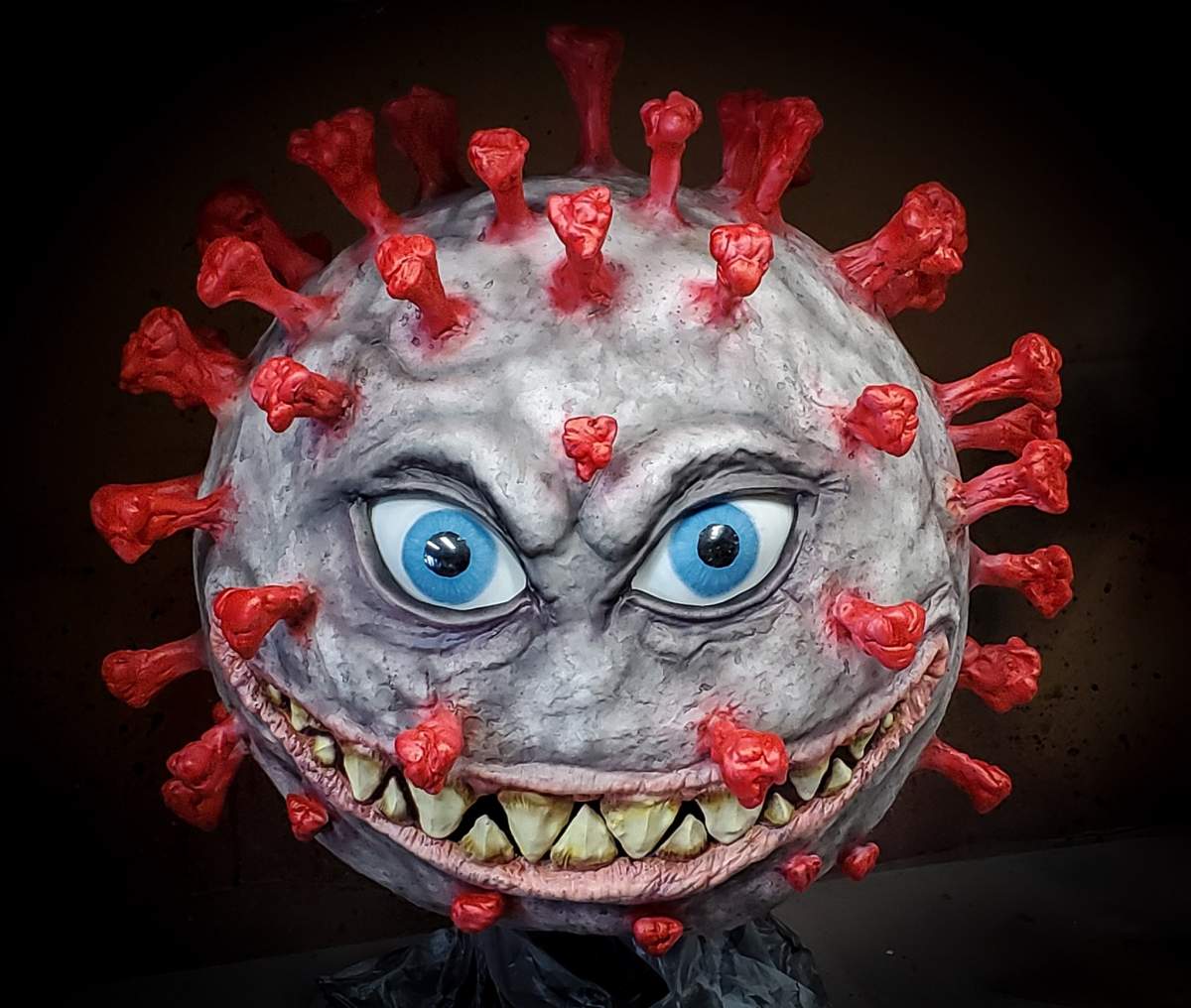 A shot of “Mr. Covid,” a mask designed by Fort Saskatchewan-based artist Travis Shewchuk.