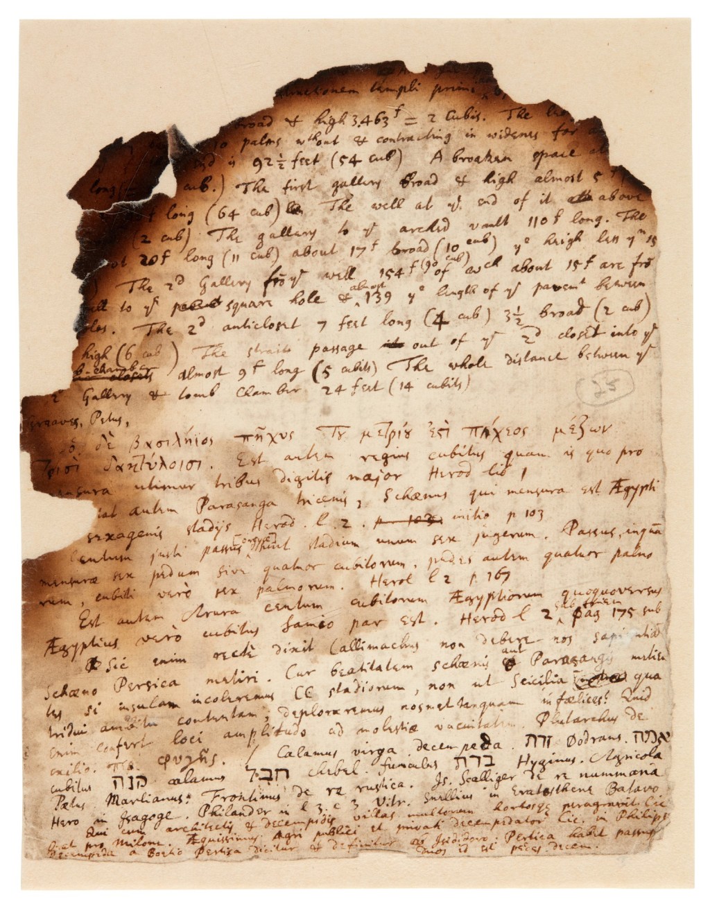 A scorched page from Isaac Newton’s notes is shown.