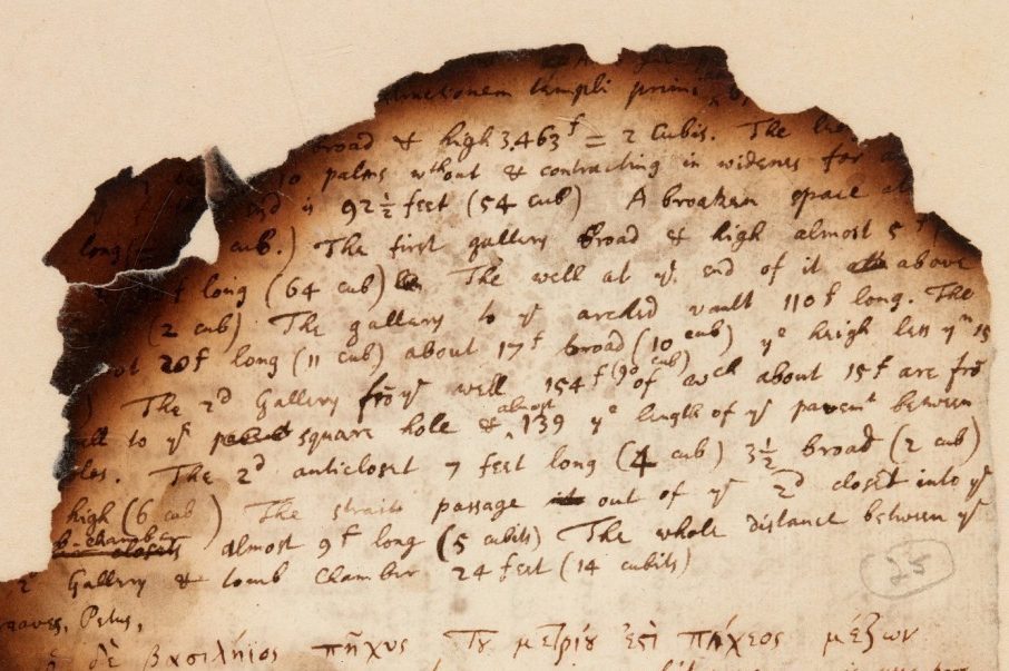 A scorched page from Isaac Newton's notes is shown.