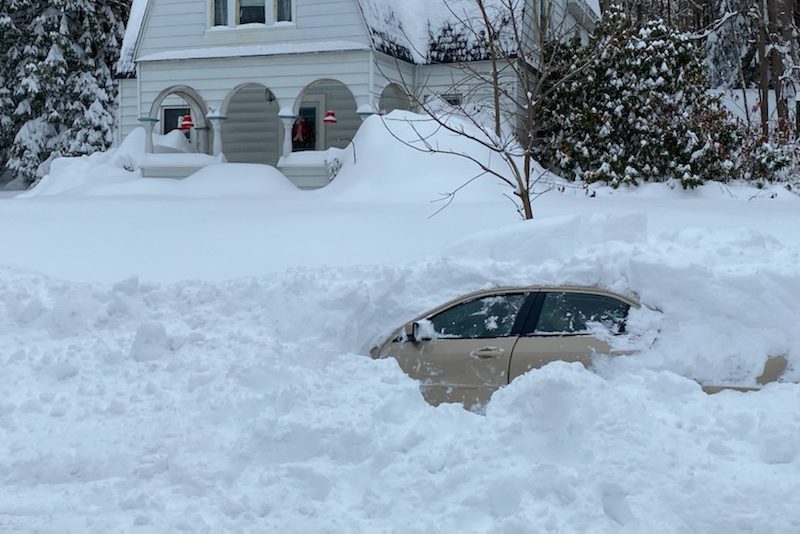 A driver was stranded for hours when his car went off the road and became buried during a snowstorm in New York state on Dec. 17, 2020.