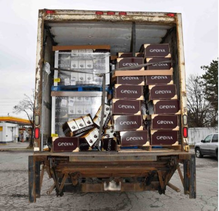 A photo of the stolen chocolate recovered inside a tractor-trailer by  York Regional Police.