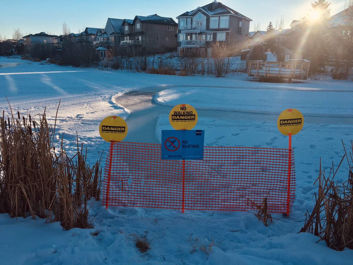 A stormwater facility blocked off in Edmonton’s Glastonbury neighbourhood 2020.