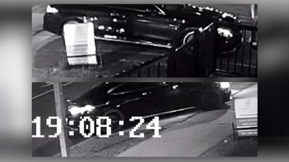 Security camera images of a black Mercedes Benz sedan involved in a collision that lead to an assault near James Street South and Charlton Avenue in early Nov. 2020. 