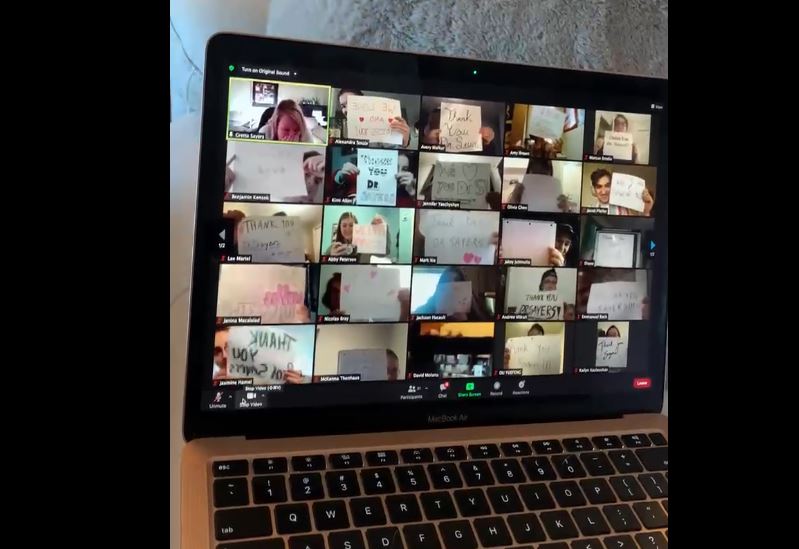 Video posted online Wednesday shows Brandon University professor Dr. Gretta Sayers (top left) moved to tears as her students virtually thanked her for her work teaching during the pandemic.