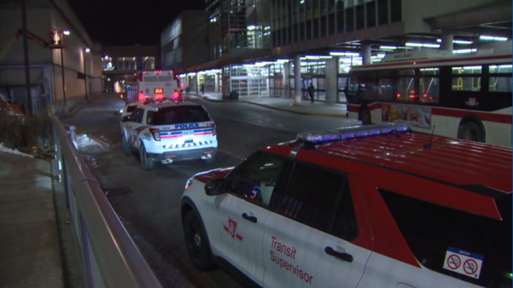 Police at an east-end subway station on Thursday following a stabbing.