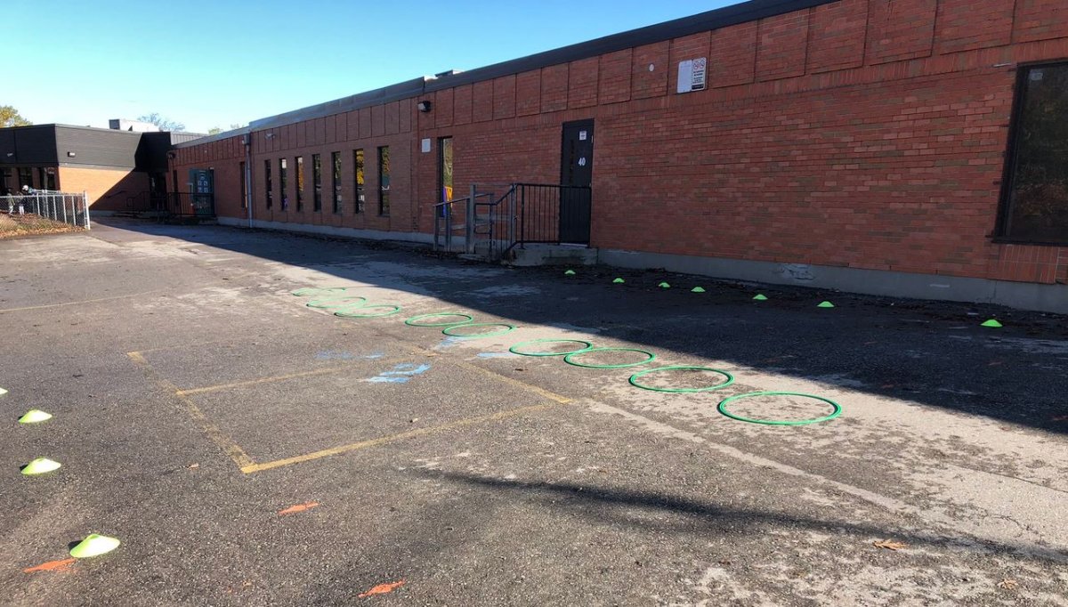 Activities set up outside of Jean Vanier Catholic Elementary School in Oct. 2020.