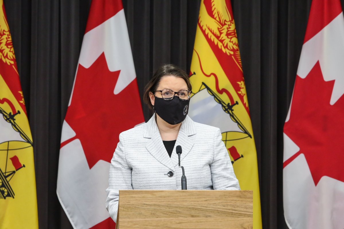 Dr. Jennifer Russell speaks at a press briefing in Fredericton on Thursday, Jan. 21, 2021. 