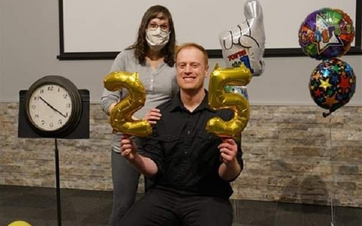 Jared Dormer after playing his cajon drum for nearly 26 hours straight.