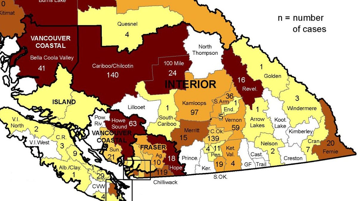 A map showing COVID-19 cases in B.C., from Jan. 10 to 16. 