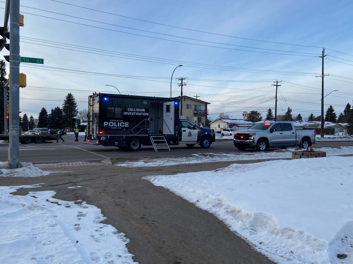 Edmonton police shut down 50 Street in both directions between 93 Avenue and 98 Avenue due to a serious collision. Monday, January 4, 2021.