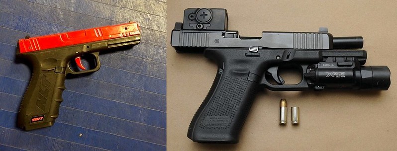 A SIRT laser training pistol on the left and a Glock pistol on the right is shown in this handout photo from the Alberta Serious Incident Response Team.